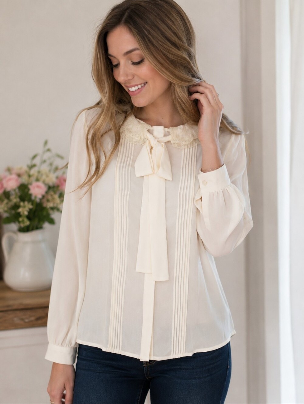 LC Lauren Conrad Cream Bow-Neck Pintuck Blouse